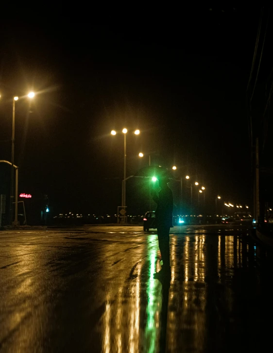 an evening s of some street lights and a rainy night