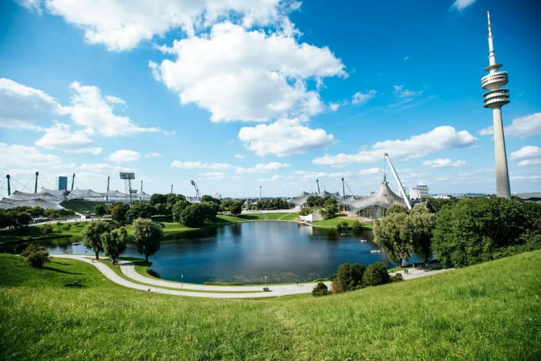 a scenic view of the surrounding lake in a city