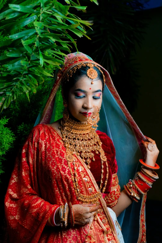 a bride in traditional indian attire poses for a pograph