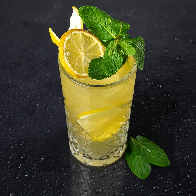 a glass with mint leaves and a lemon wedge