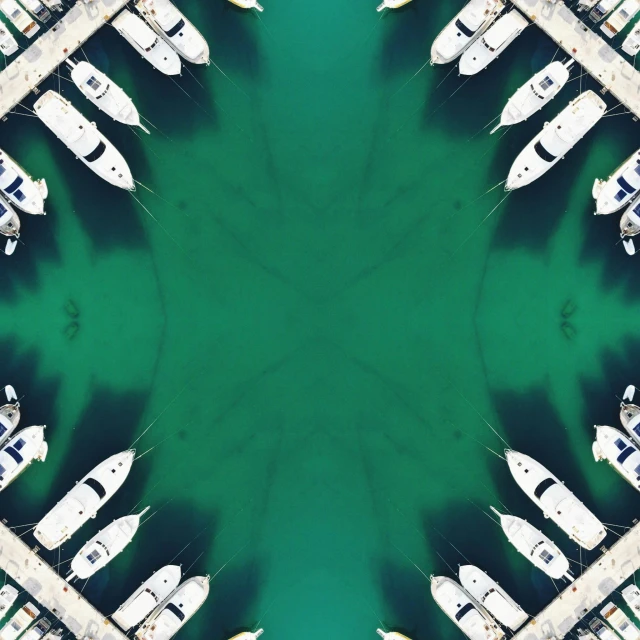 an aerial view of some small boats parked at dock