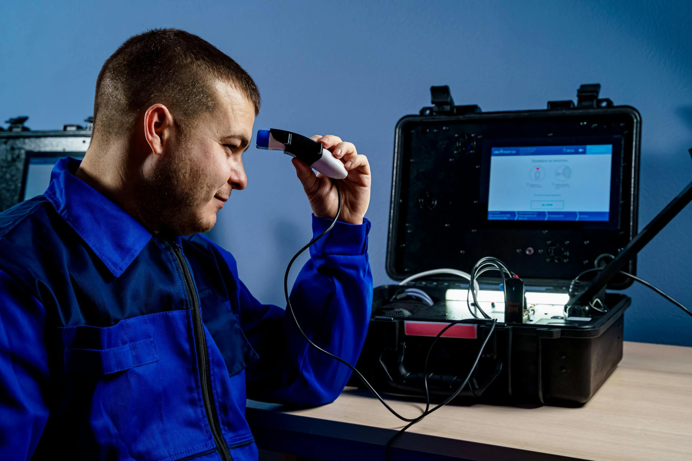 a man holding an electronic device to his eye