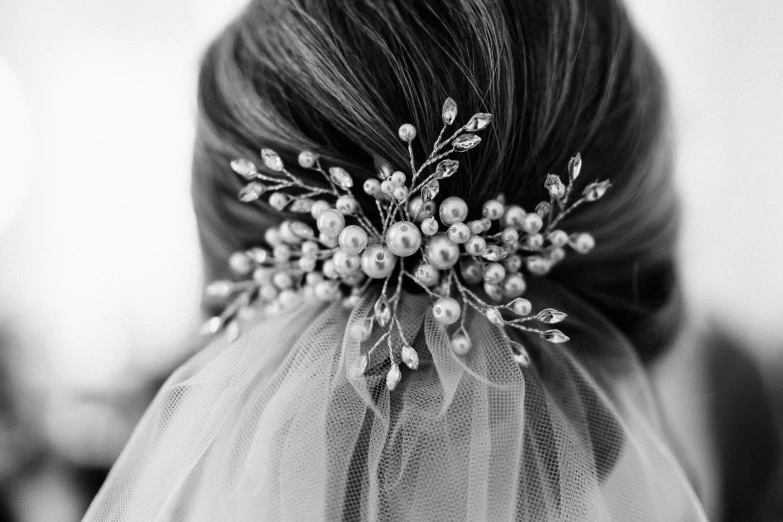 black and white pograph of brides hair and veil