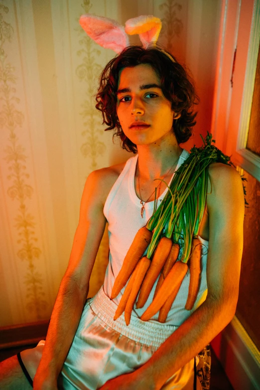 a woman sitting in a chair holding some carrots