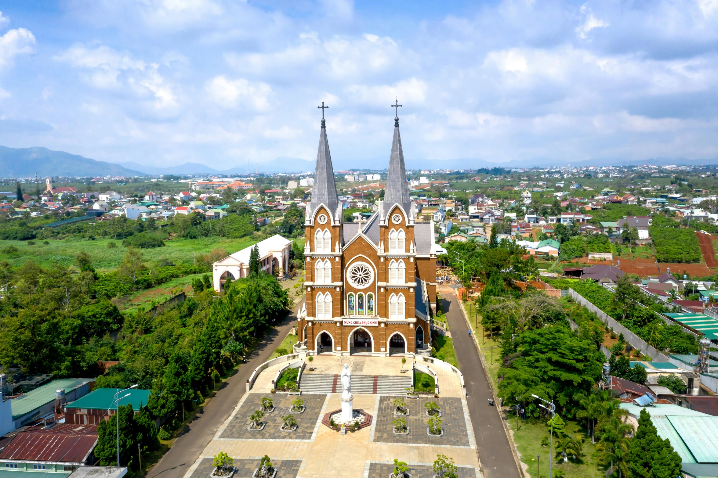 an aerial view of a very pretty church