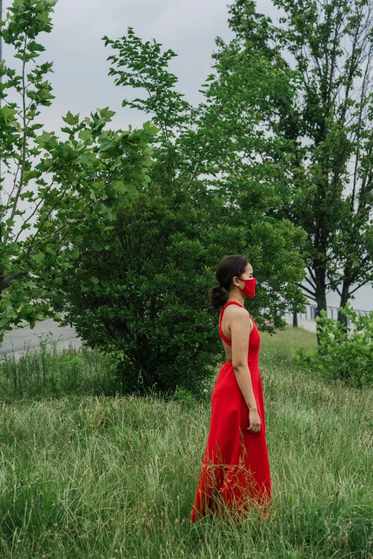 a woman in a long red dress stands in a grassy field