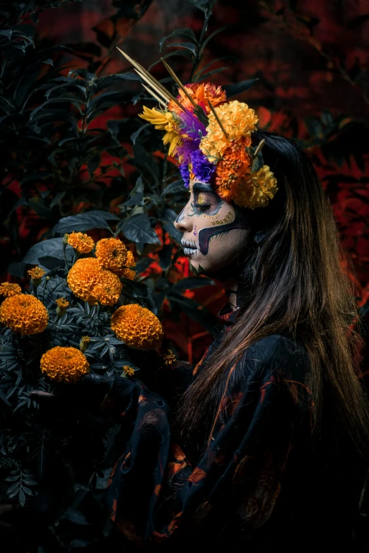 the woman is wearing a costume with flowers on her head