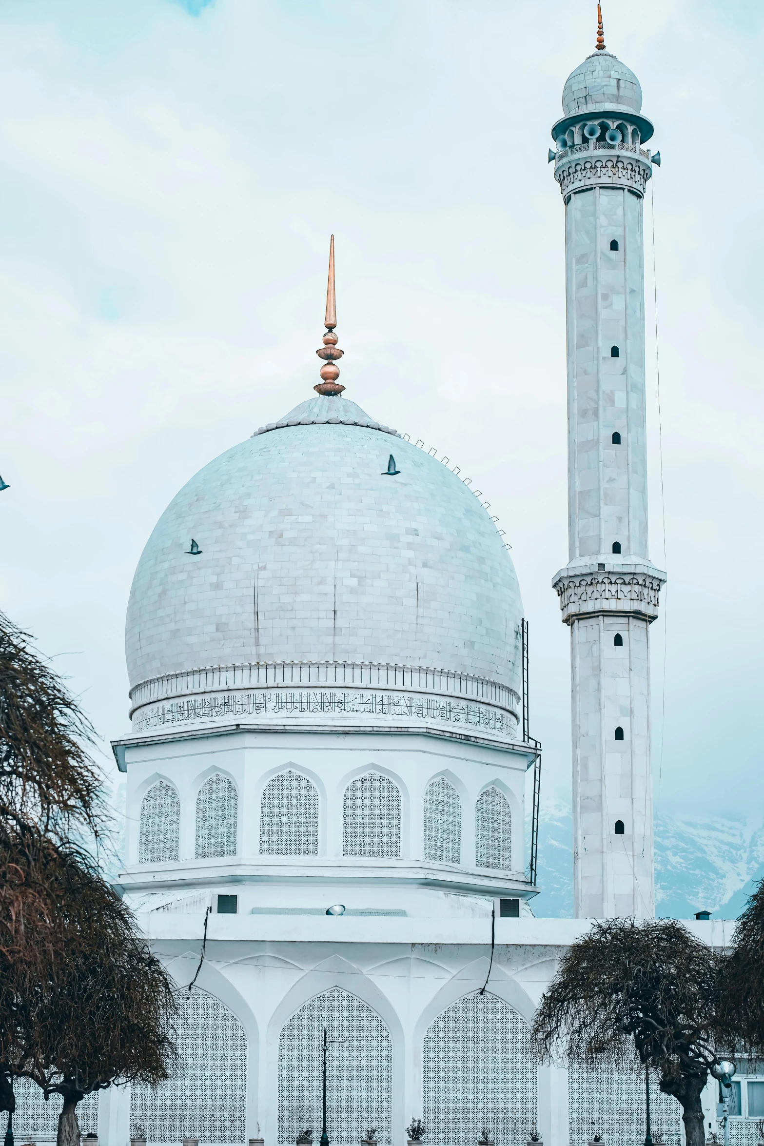 a white building with two domes surrounded by trees