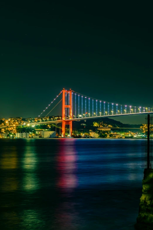 the long bridge spans across the water into the city