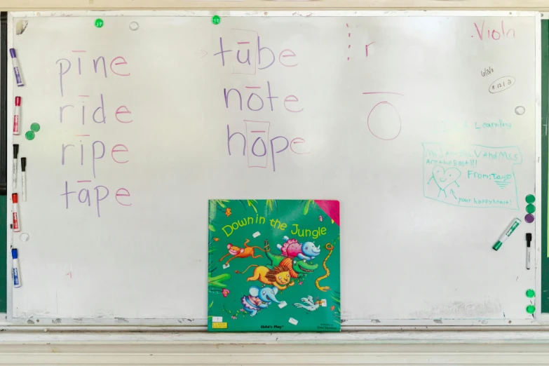 a green and white poster in front of a white board with writing on it