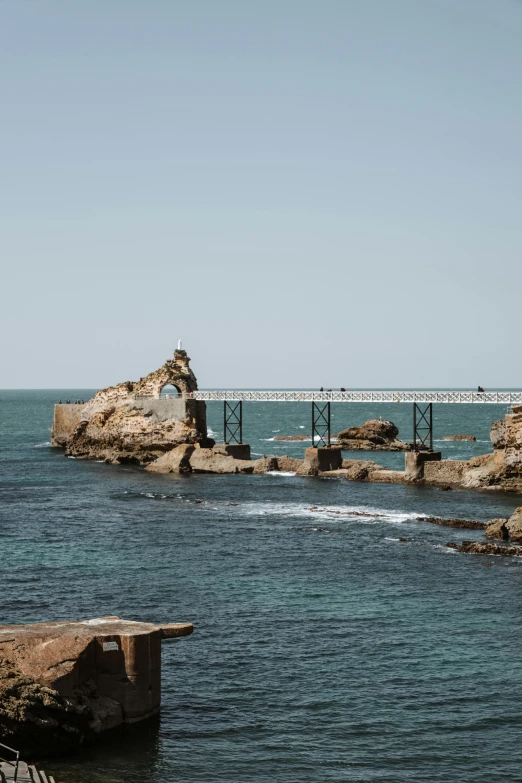 the large body of water has several rocks on it