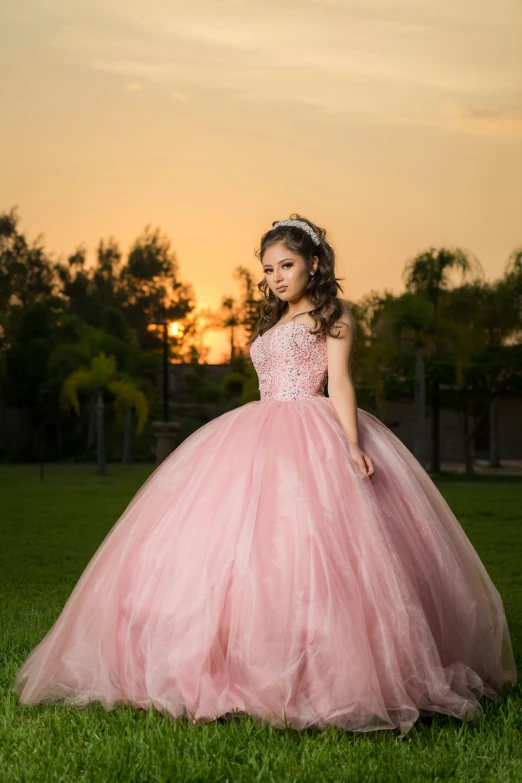  in pink dress with flowers at dusk