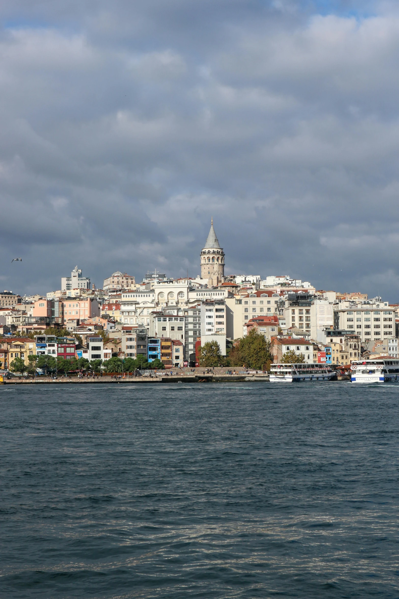 the city skyline along a river with a ferry passing by