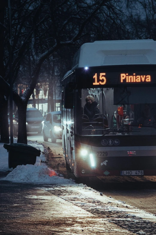 a dark bus on the street that is covered with snow