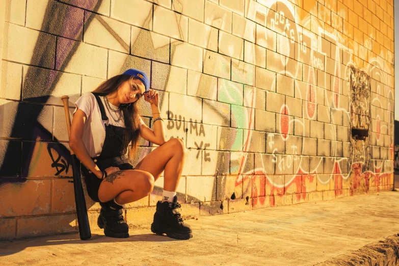 a woman sitting on a bench next to a wall