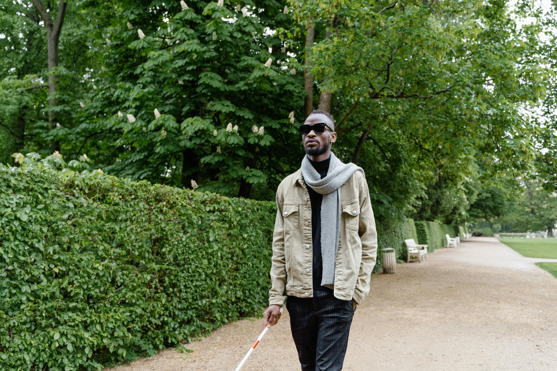 a man walking his dog down a path