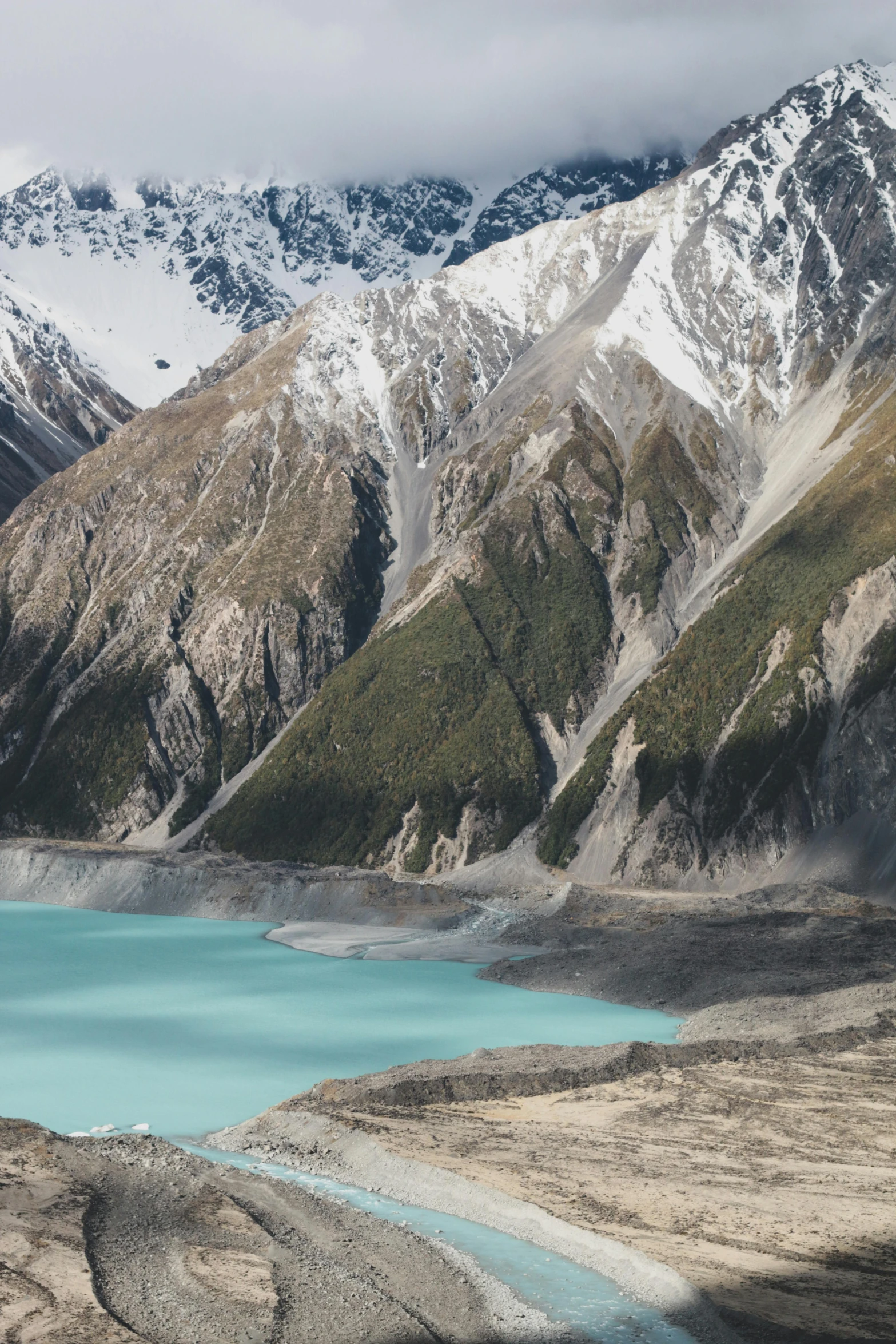 snow covered mountains with a placid lake and a turquoise sea