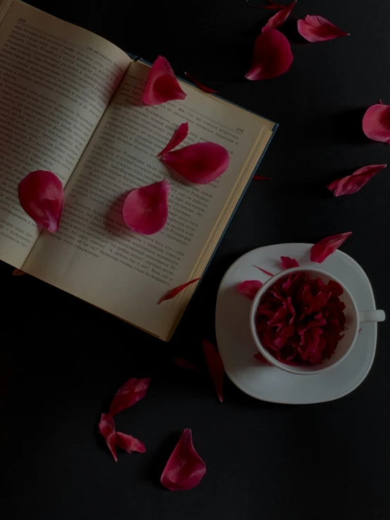 an open book and some flowers on a black table