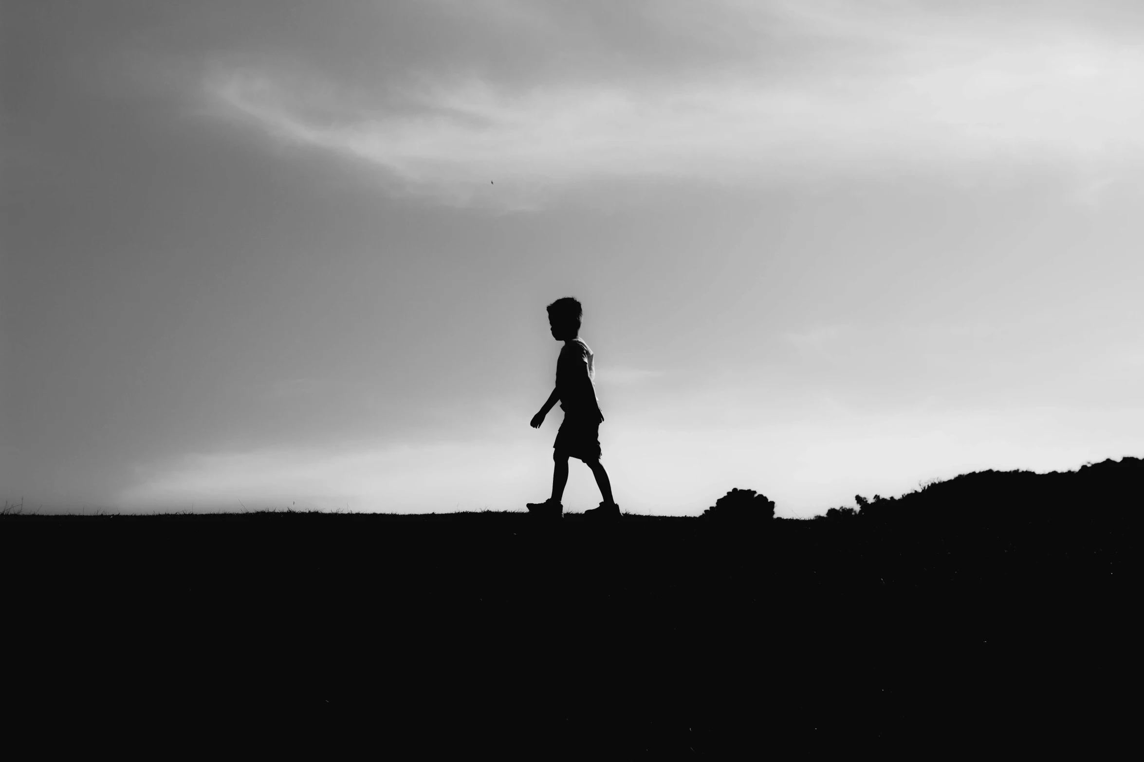 a silhouette of a young man walking across a grassy hill