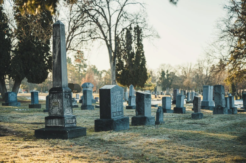 a cemetery with tall and short tombstones surrounded by trees