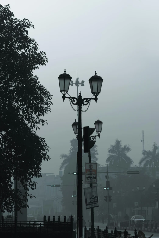 a black and white po of a street light on a rainy day