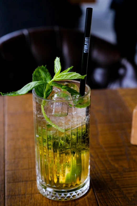 a clear cup filled with liquid and mint