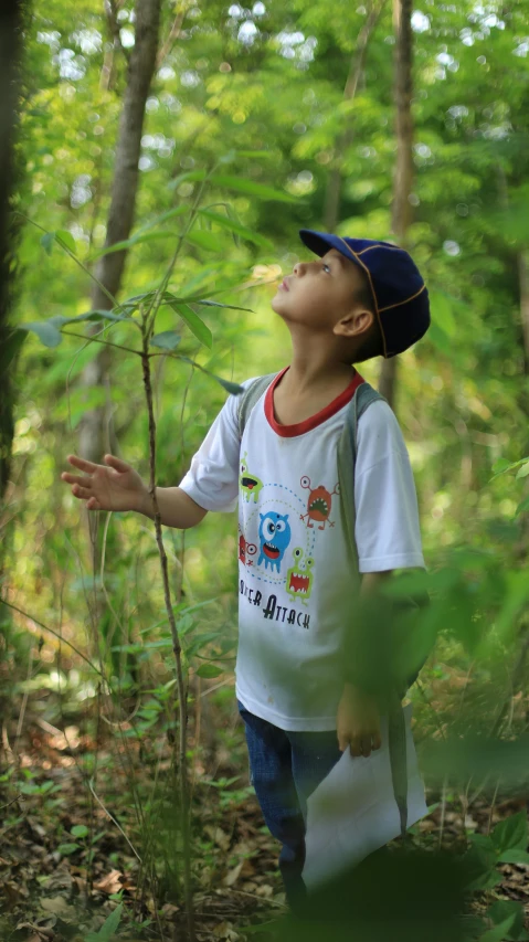 a  wearing a blue hat standing in the woods