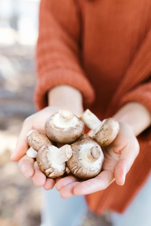 someone holding mushrooms in their hands outside