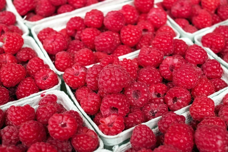 several plastic containers are holding raspberries of different sizes