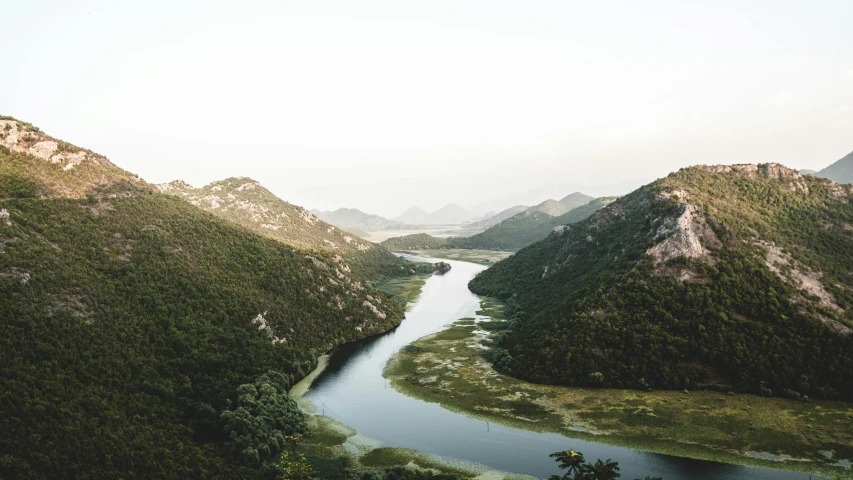 river in mountains with many trees and bushes