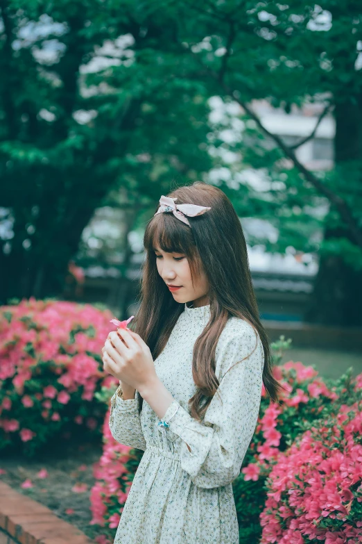 a  standing in front of a bush with flowers on it