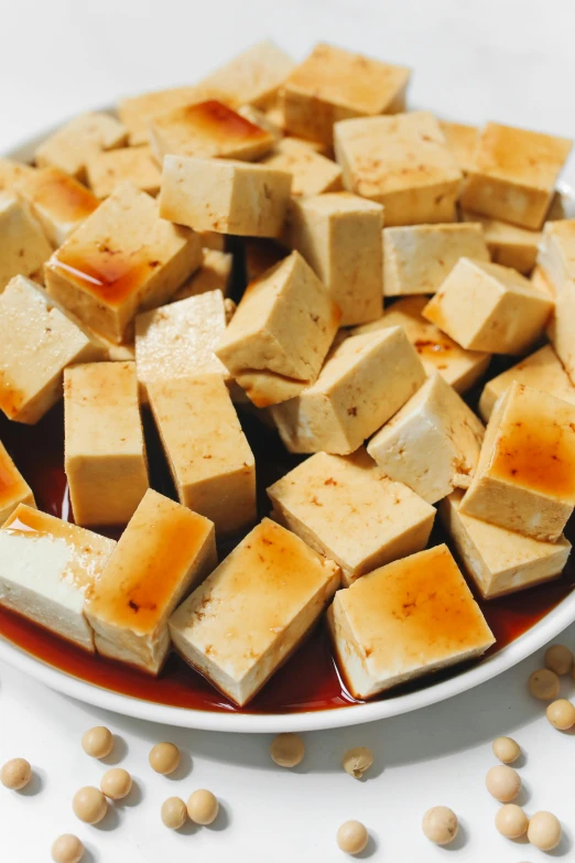 tofu on top of sauce in a bowl