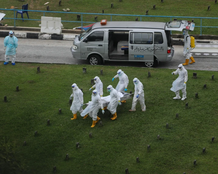 four people wearing white costumes and one person in white are walking by in front of a mini van with two birds on the top of their backs