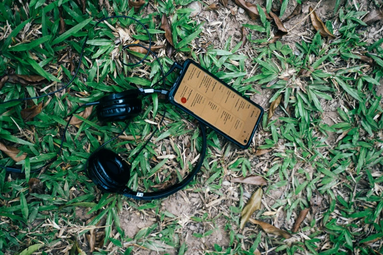 headphones on the ground in the grass
