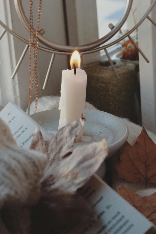 a close up of a candle with a book