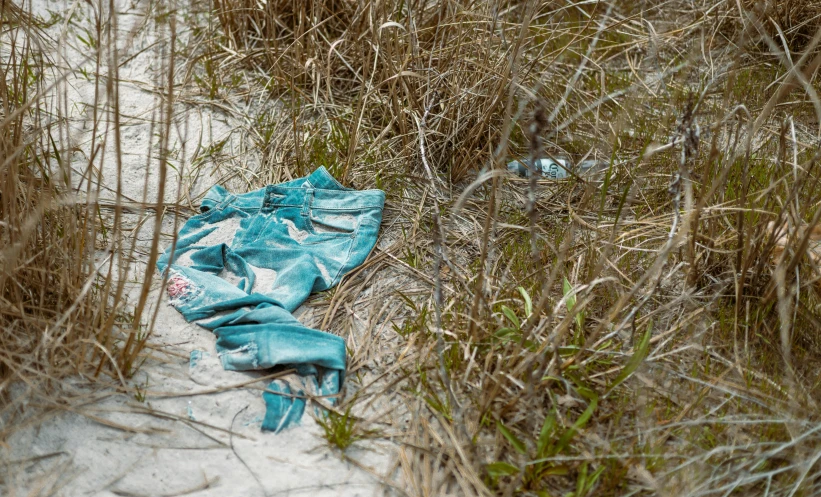 a blue bag and glove sitting in the grass on the sand