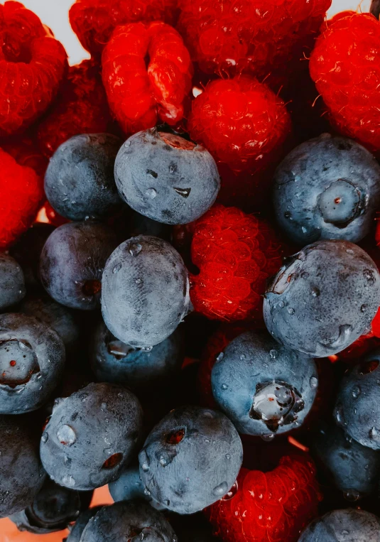 blueberries and strawberries with water droplets on them