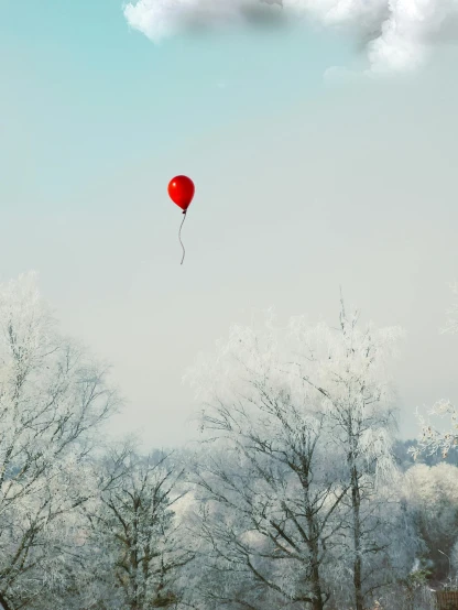 there is a large red balloon floating up in the sky