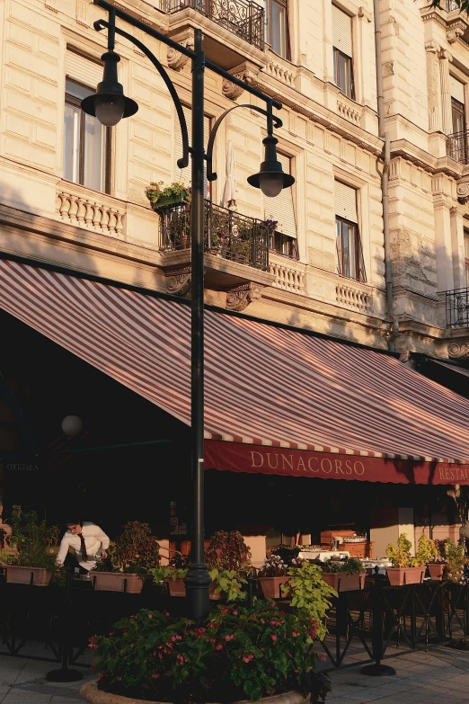 a large building that has a table in front of it