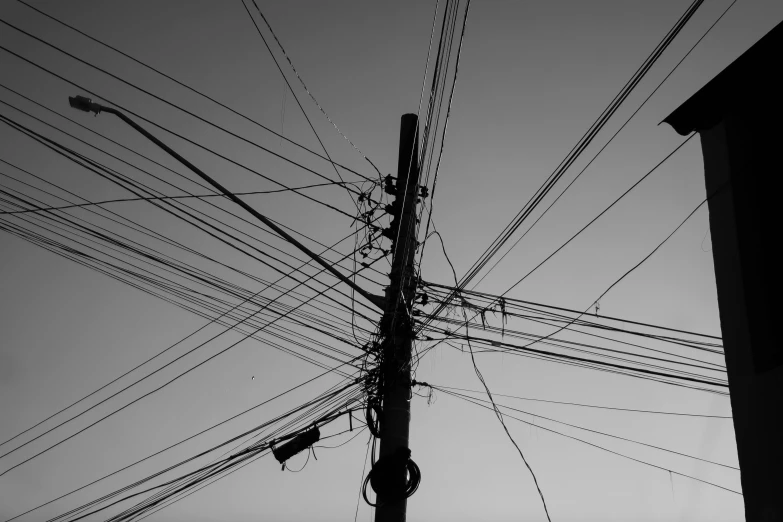 some telephone poles are against the grey sky