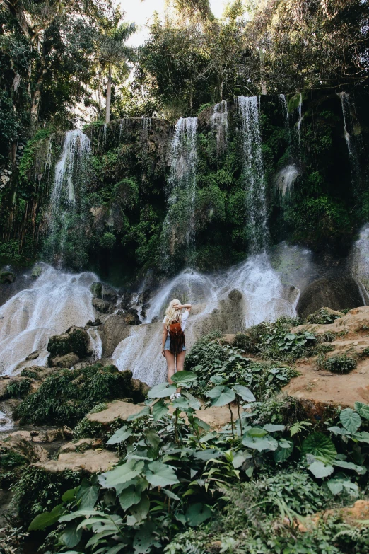 a person standing in front of waterfalls near foliage