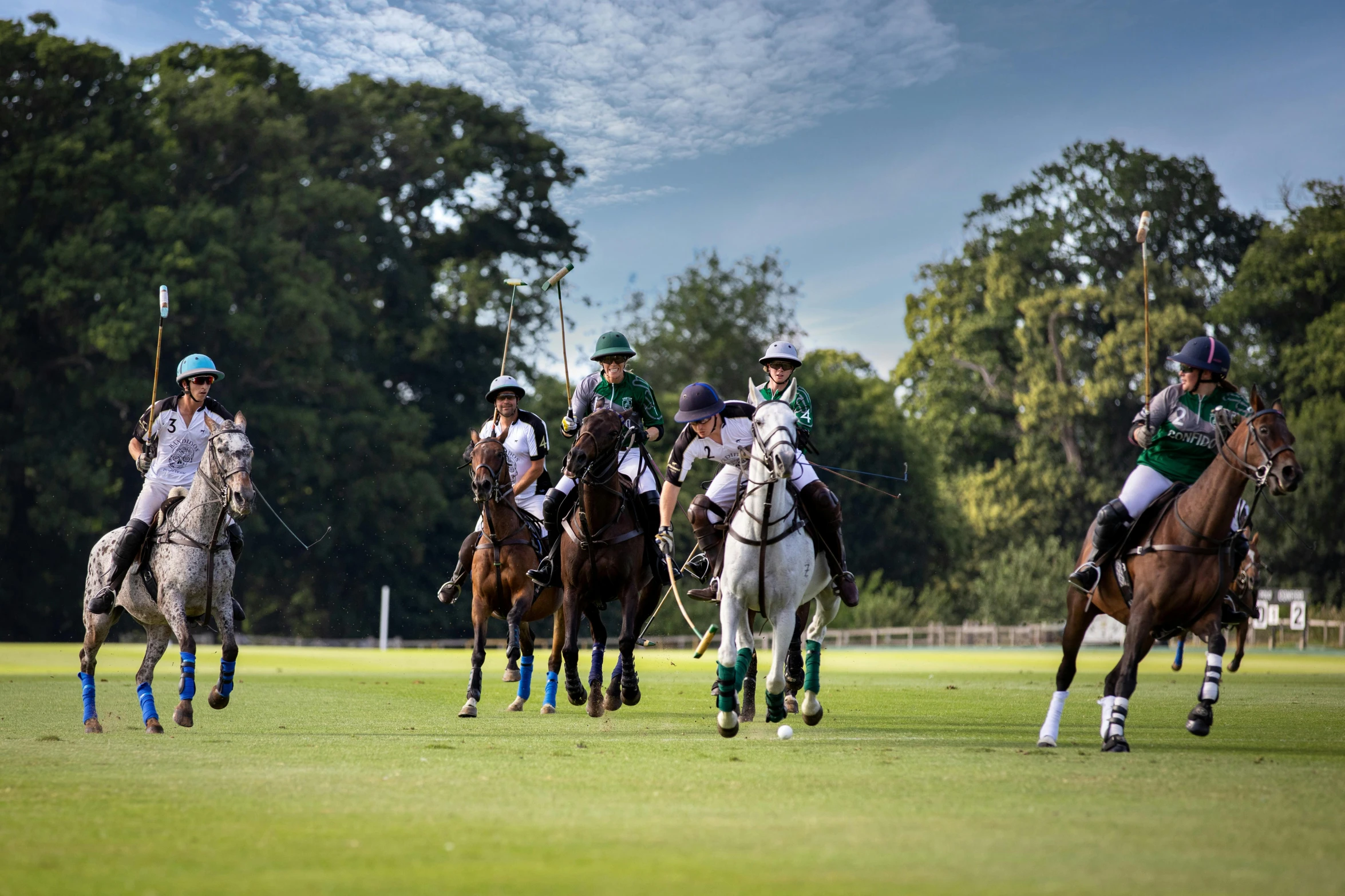 several men on horses with poles and helmets racing through the grass