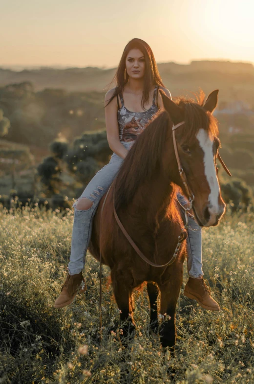 woman riding a horse through the country at sunset