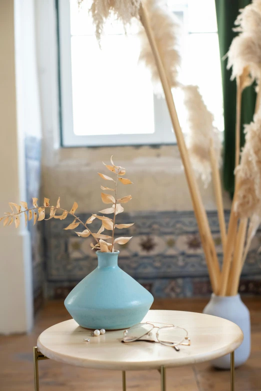 there is a vase on the table near two feather stems