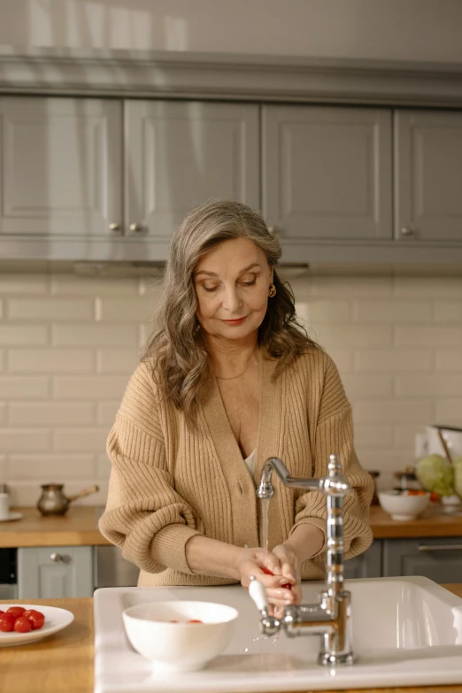 a woman washes her hands with a faucet at a kitchen counter