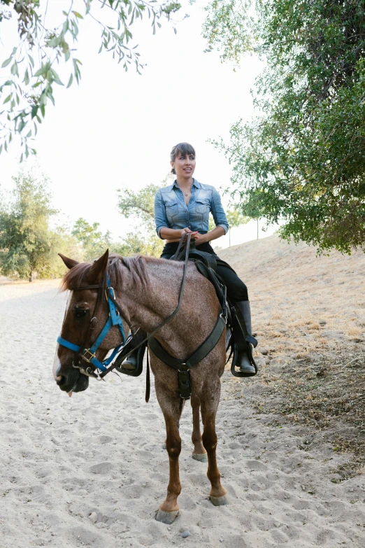 a woman riding on the back of a brown horse