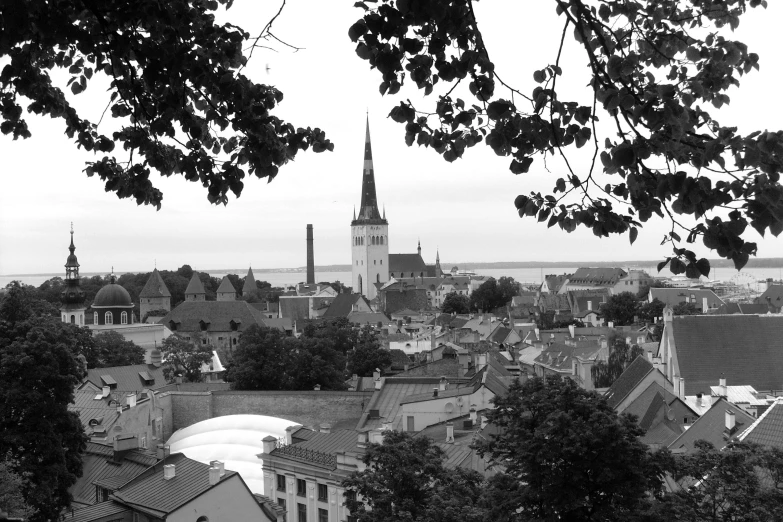 black and white picture of buildings and spires
