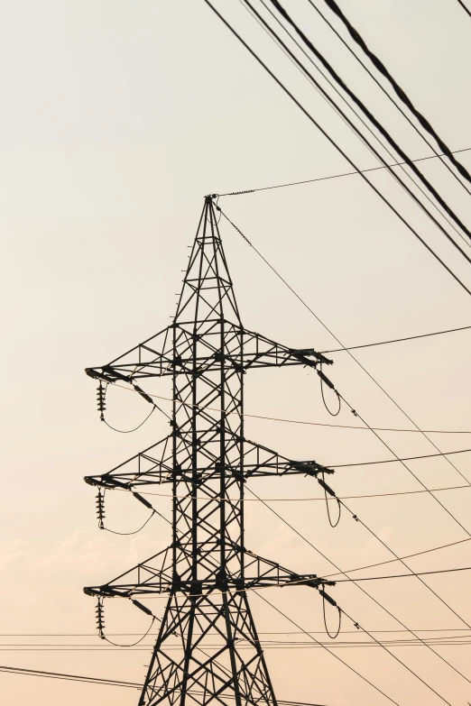 a high voltage power line in silhouette against a pale sky