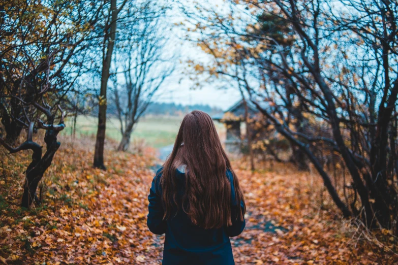 a girl is walking through the woods on an autumn day