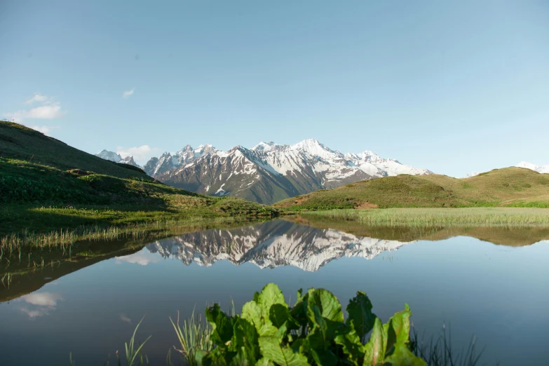 a mountain range with green bushes surrounding it